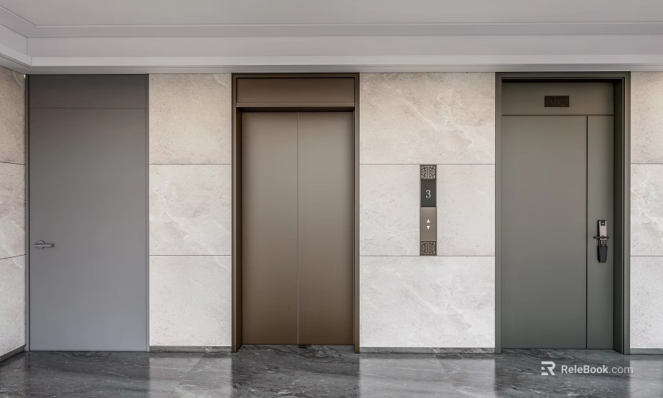 Modern Elevator Lobby With Brown Doors Marble Walls And Control Panel 3d model