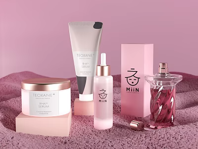 Elegant TEODANE and MIN Cosmetics Collection with Perfume Skincare and Elixir Cream on Pink 3d model