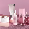 Elegant TEODANE and MIN Cosmetics Collection with Perfume Skincare and Elixir Cream on Pink