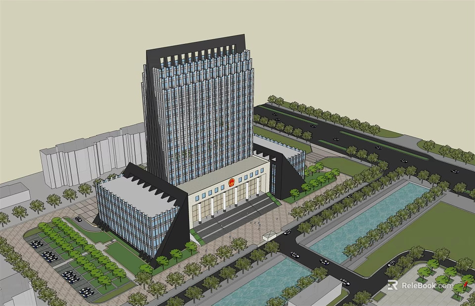 Modern High Rise Office Building Design with Landscaped Gardens and Water Features 3d model 