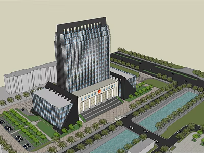 Modern High Rise Office Building Design with Landscaped Gardens and Water Features 3d model