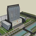 Modern High Rise Office Building Design with Landscaped Gardens and Water Features