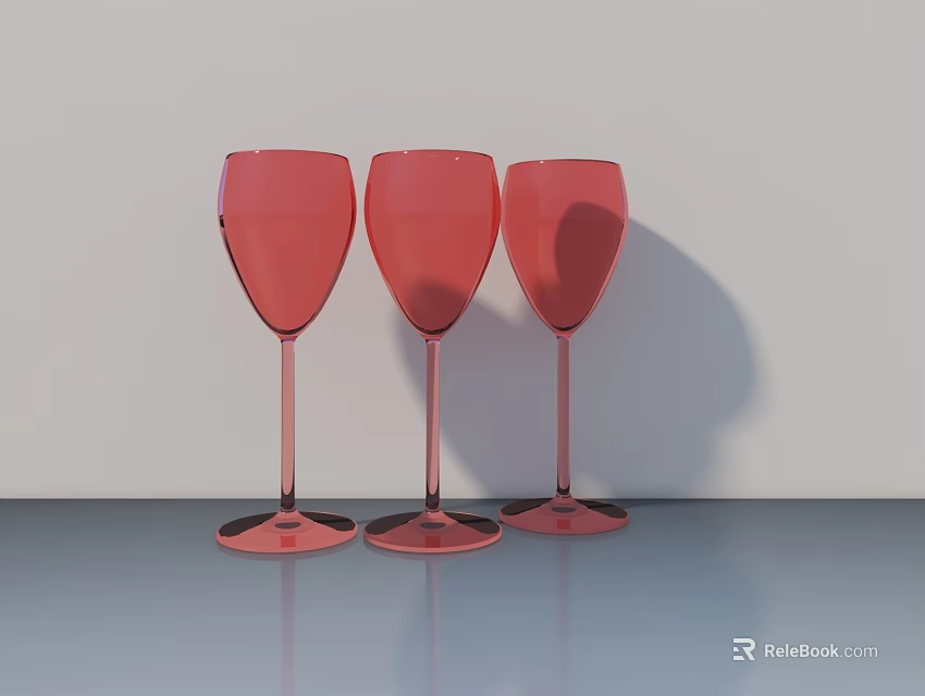 Three Red Wine Glasses On Gray Surface With White Wall And Shadows 3d model