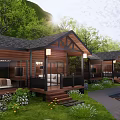 Wooden Detached Villa By Riverside With Green Trees Lawn And Terrace