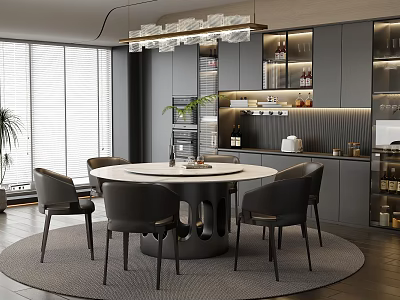 Modern Restaurant Interior With Round White Dining Table Black Chairs Gray Cabinets And Chandelier 3d model