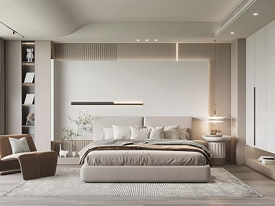 Modern Bedroom Interior Design With King Size Bed Brown Armchair Area Rug And Table Lamp 3d model