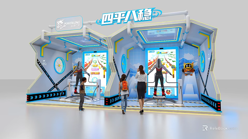 People Using Interactive Sports Equipment With Digital Screens In Modern Exhibition Area 3d model 