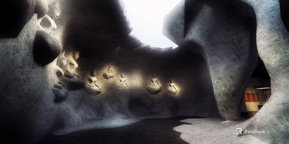 Cave Interior With Rock Wall Niches Carvings Lighting Natural Light And Shadows 3d model 