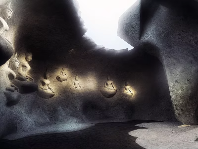 Cave Interior With Rock Wall Niches Carvings Lighting Natural Light And Shadows 3d model