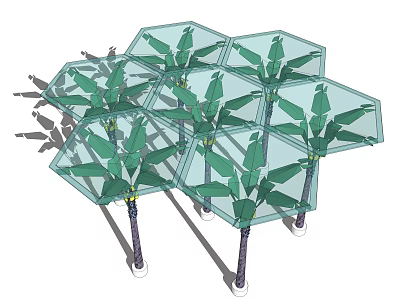Hexagonal Pergola Structure Featuring Transparent Canopy And Palm Tree Supports With Green Leaves 3d model