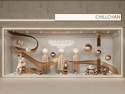 Chillchan Fashion Window Display With Mannequins Elegant Dresses Golden Curved Lines And Circular Decor 3d model