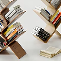 Modern Creative Wooden Bookshelf With Curved Structure Holding Various Books And Open Book