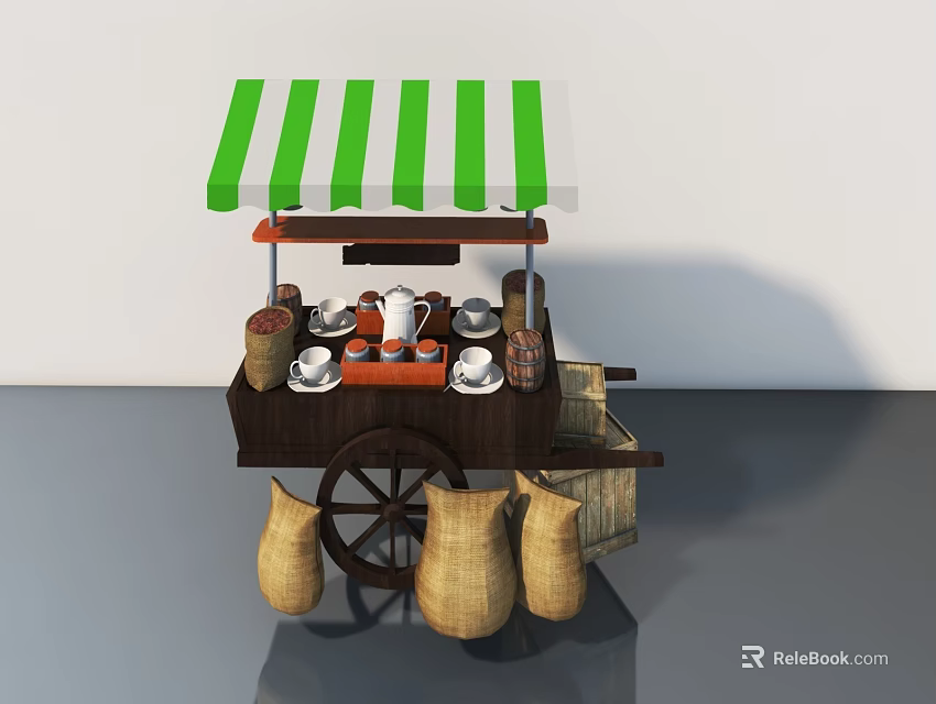 Functional Mobile Cart With Green White Striped Awning Tea Set Cups And Sacks 3d model 