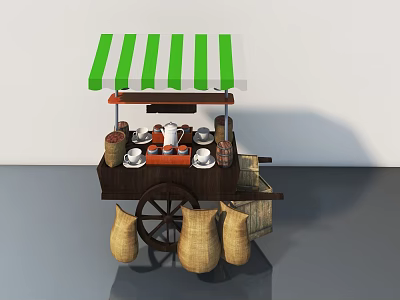 Functional Mobile Cart With Green White Striped Awning Tea Set Cups And Sacks 3d model