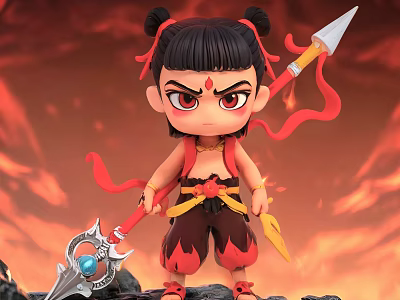 Cute Nezha Doll With Double Buns Red Ribbons And Spear In Flame Background 3d model