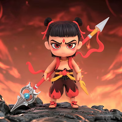 Cute Nezha Doll With Double Buns Red Ribbons And Spear In Flame Background 3d model