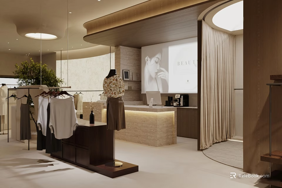 Elegant Warm Modern Clothing Store Interior With Display Racks Mannequin Reception Counter And Comfortable Fitting Space 3d model 