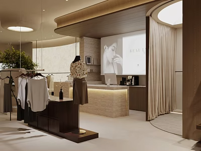 Elegant Warm Modern Clothing Store Interior With Display Racks Mannequin Reception Counter And Comfortable Fitting Space 3d model