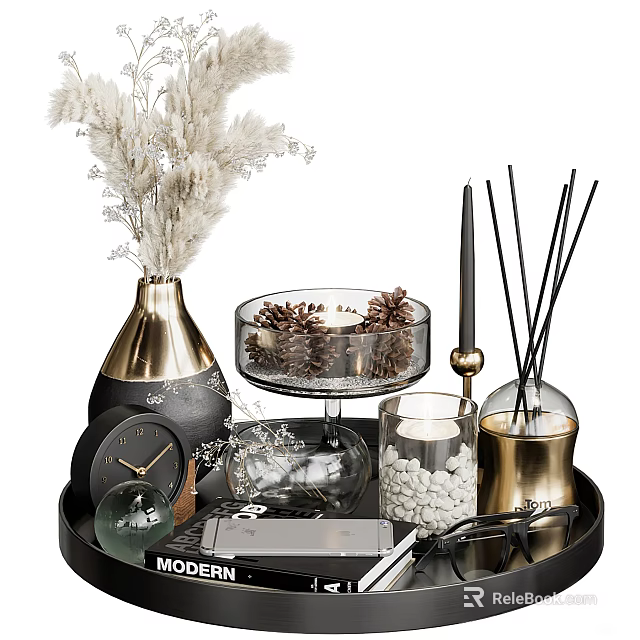 Black Gold Decorative Ornament Set With Dried Flowers Glass Bowl Diffuser Candle And Tray 3d model 