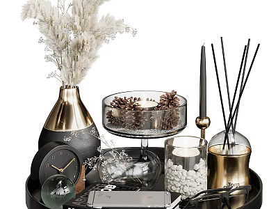 Black Gold Decorative Ornament Set With Dried Flowers Glass Bowl Diffuser Candle And Tray 3d model