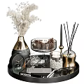 Black Gold Decorative Ornament Set With Dried Flowers Glass Bowl Diffuser Candle And Tray