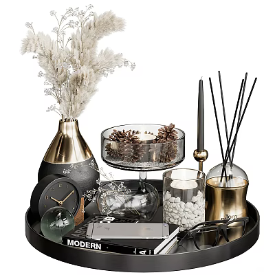 Black Gold Decorative Ornament Set With Dried Flowers Glass Bowl Diffuser Candle And Tray 3d model
