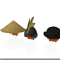 Decorative Hats Collection Including Bamboo Conical Black Lightning And Bowler Styles With Red Trim