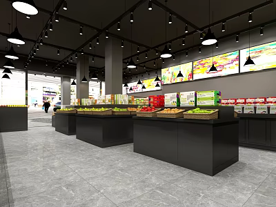 Modern Fruit Store Interior With Black Display Counters And Fresh Fruit Arrangements 3d model