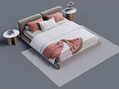 Double Bed with Gray Upholstered Headboard Pink White Pillows Round Nightstands and Gray Area Rug 3d model