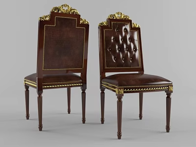 Luxurious Classic Dining Chairs With Brown Leather Tufted Backrest Carved Details And Gold Accents 3d model