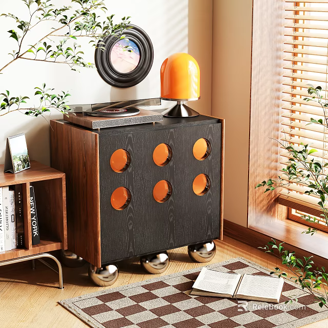 Contemporary Dark Wood Shoe Cabinet With Round Cutouts And Rolling Wheels Design 3d model 