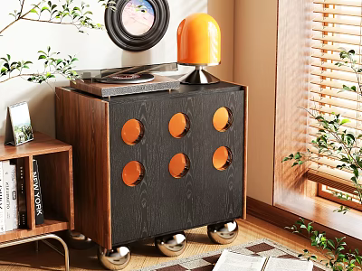 Contemporary Dark Wood Shoe Cabinet With Round Cutouts And Rolling Wheels Design 3d model