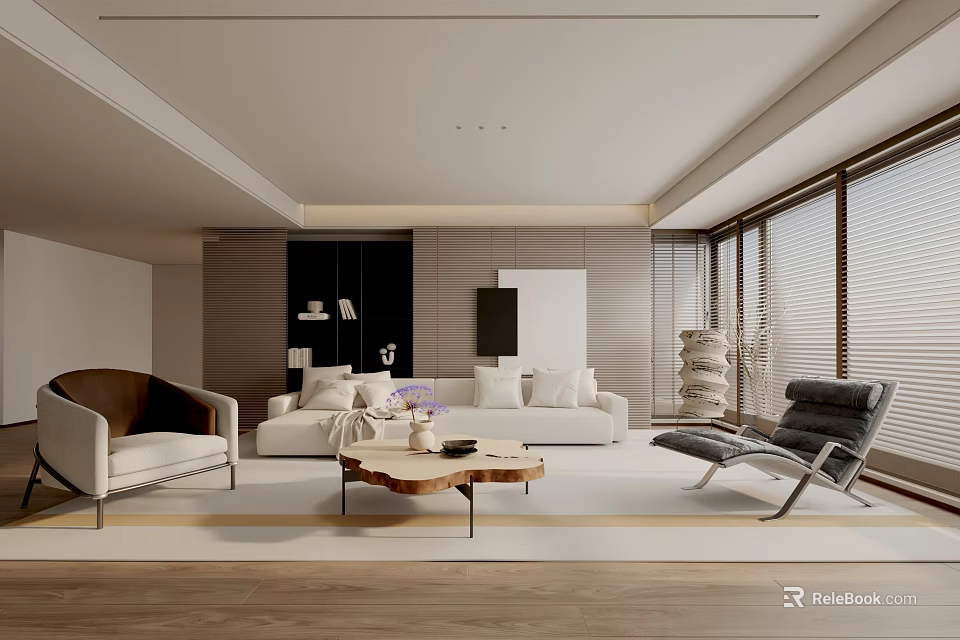 Modern Living Room Interior With White Sofa Coffee Table Accent Chair And Large Windows 3d model 