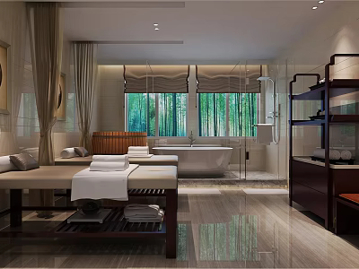 Relaxing SPA Sauna Interior With Massage Bed Bathtub Green Window View And Wooden Shelves 3d model