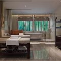 Relaxing SPA Sauna Interior With Massage Bed Bathtub Green Window View And Wooden Shelves