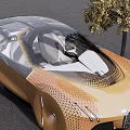 BMW Golden Concept Car With Sleek Mesh Design Transparent Roof And Tree Nearby