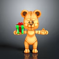 Orange Stuffed Teddy Bear Holding Green Gift Box With Red Bow And Stitched Arms Outstretched