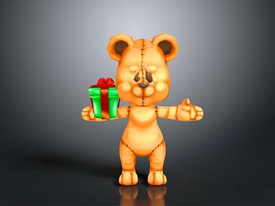 Orange Stuffed Teddy Bear Holding Green Gift Box With Red Bow And Stitched Arms Outstretched 3d model