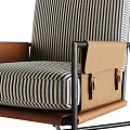 Modern Striped Fabric Single Sofa With Brown Leather Accents And Black Metal Frame
