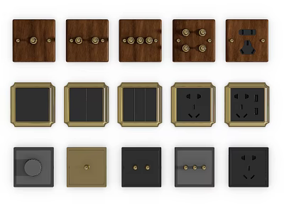 Various Wooden and Black Switch Panels with Gold Trim and Socket Designs 3d model