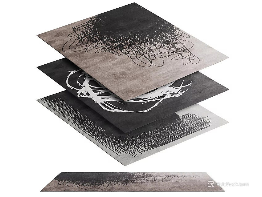 Abstract Lines Square Rug With Gray Tones And Black White Patterns Stacked 3d model 