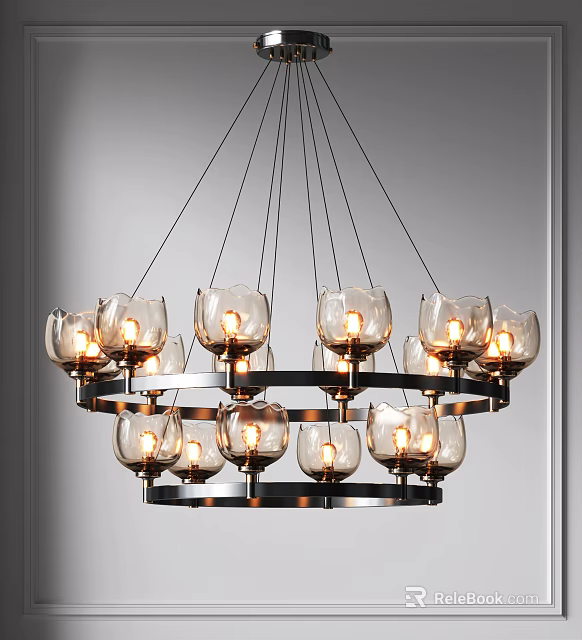 Modern Chandelier with Glass Shades Metal Frame Multi Tier Design Illuminated Bulbs for Interior Decor 3d model 
