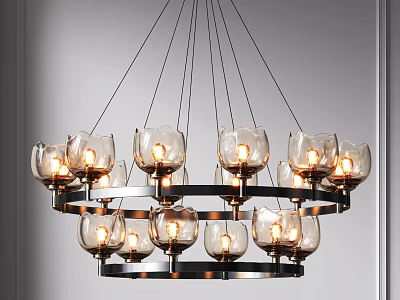 Modern Chandelier with Glass Shades Metal Frame Multi Tier Design Illuminated Bulbs for Interior Decor 3d model