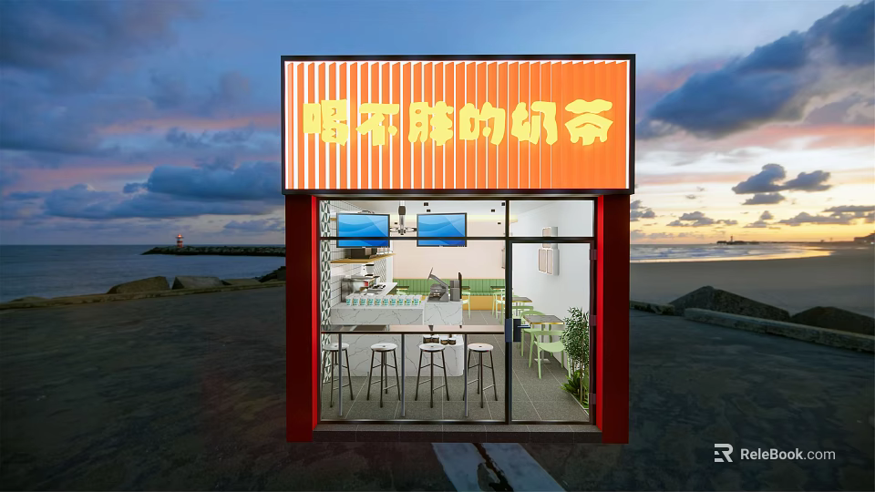 Healthy Milk Tea Shop Red Facade Transparent Glass Doors Seaside Sunset Bar Counter And Seating 3d model 