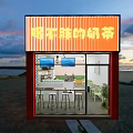 Healthy Milk Tea Shop Red Facade Transparent Glass Doors Seaside Sunset Bar Counter And Seating