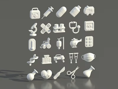 White Medical Icons Collection Featuring Various Healthcare Tools and Equipment 3d model