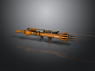 Orange Multi Barrel Mechanical Weapon With Rope And Futuristic Design 3d model