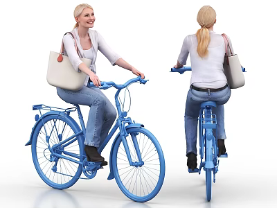 Woman Riding Blue Bicycle With Beige Bag White Top And Blue Jeans 3d model