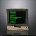 Vintage Computer Monitor Displaying Green Code Text And Wooden Frame Design