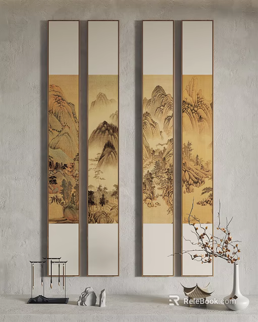 Traditional Chinese Landscape Paintings Four Panel Hanging On Wall With Mountains Trees And Architecture 3d model 